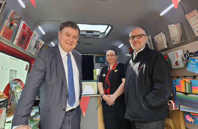 Mel Stride (MP for Central Devon), Lucy Musselwhite and Stuart Rogers (Ashburton Post Office).